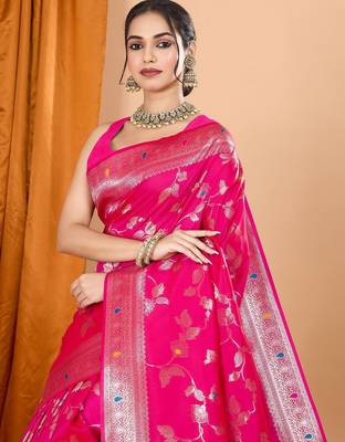 Pink ethnic motifs woven design zari banarasi saree with unstitched blouse 5