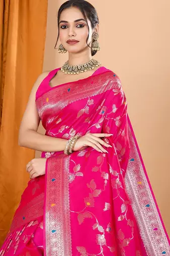 Pink ethnic motifs woven design zari banarasi saree with unstitched blouse