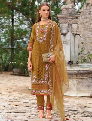 Mustard embroidered silk blend kurta trouser dupatta set 2