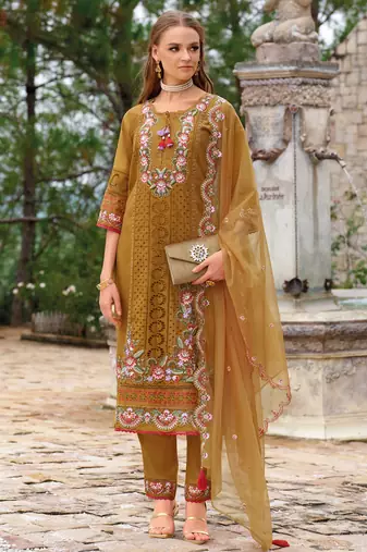 Mustard embroidered silk blend kurta trouser dupatta set