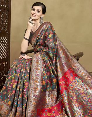 Grey woven design jamdani traditional zari saree with unstitched blouse 1