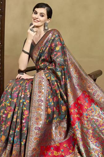 Grey woven design jamdani traditional zari saree with unstitched blouse