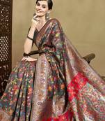 Grey woven design jamdani traditional zari saree with unstitched blouse