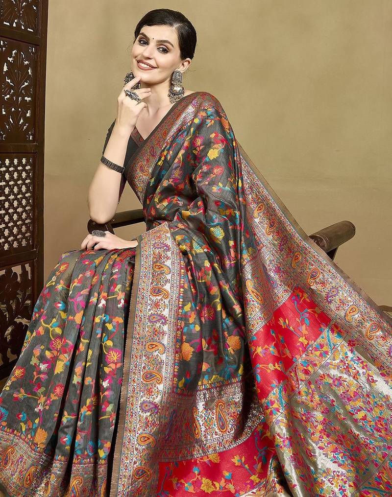 Grey woven design jamdani traditional zari saree with unstitched blouse