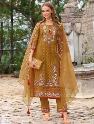 Mustard embroidered silk blend kurta trouser dupatta set 3
