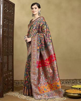 Grey woven design jamdani traditional zari saree with unstitched blouse 3