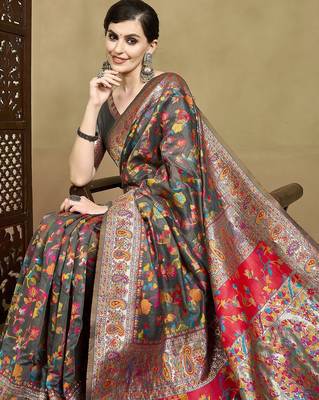 Grey woven design jamdani traditional zari saree with unstitched blouse 5