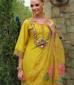 Yellow embroidered liva kurta trouser dupatta set