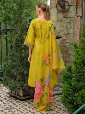 Yellow embroidered liva kurta trouser dupatta set 2