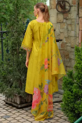 Yellow embroidered liva kurta trouser dupatta set