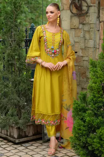 Yellow embroidered liva kurta trouser dupatta set