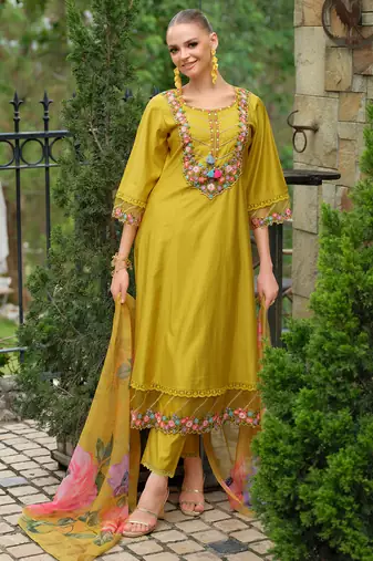 Yellow embroidered liva kurta trouser dupatta set