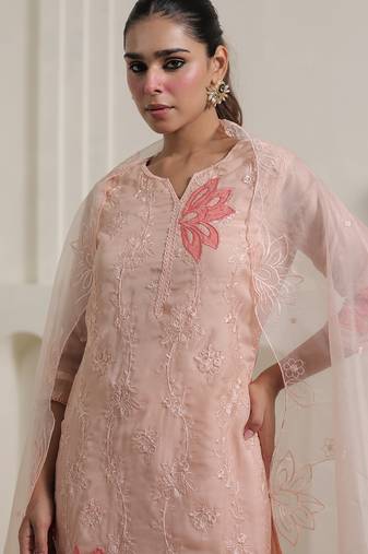 Peach embroidered organza kurta trouser dupatta set