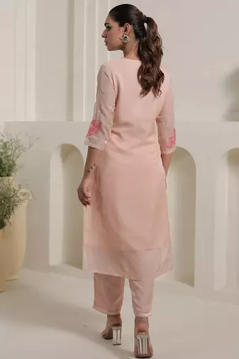 Peach embroidered organza kurta trouser dupatta set