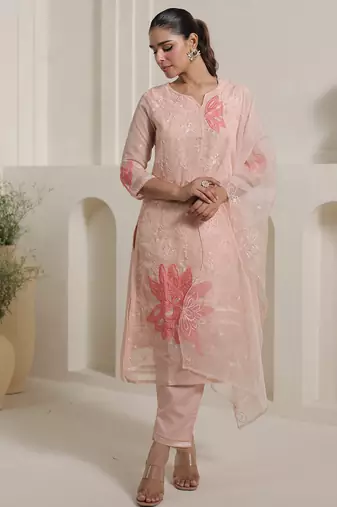 Peach embroidered organza kurta trouser dupatta set