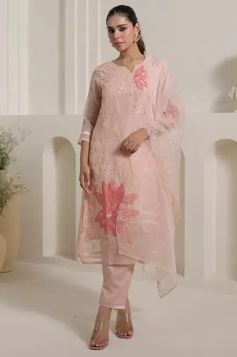 Peach embroidered organza kurta trouser dupatta set