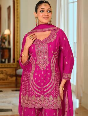 Pink embroidered chinon kurta trouser dupatta set 1