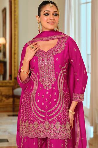 Pink embroidered chinon kurta trouser dupatta set
