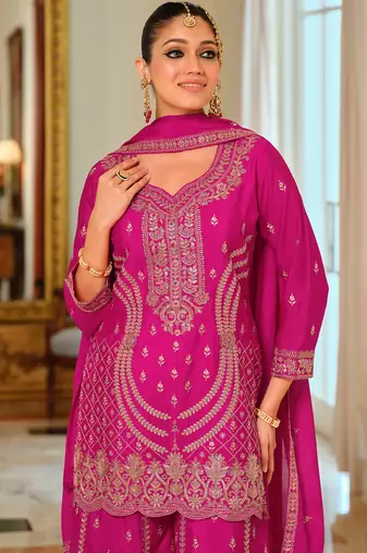 Pink embroidered chinon kurta trouser dupatta set
