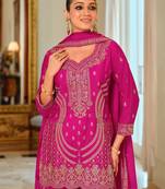 Pink embroidered chinon kurta trouser dupatta set