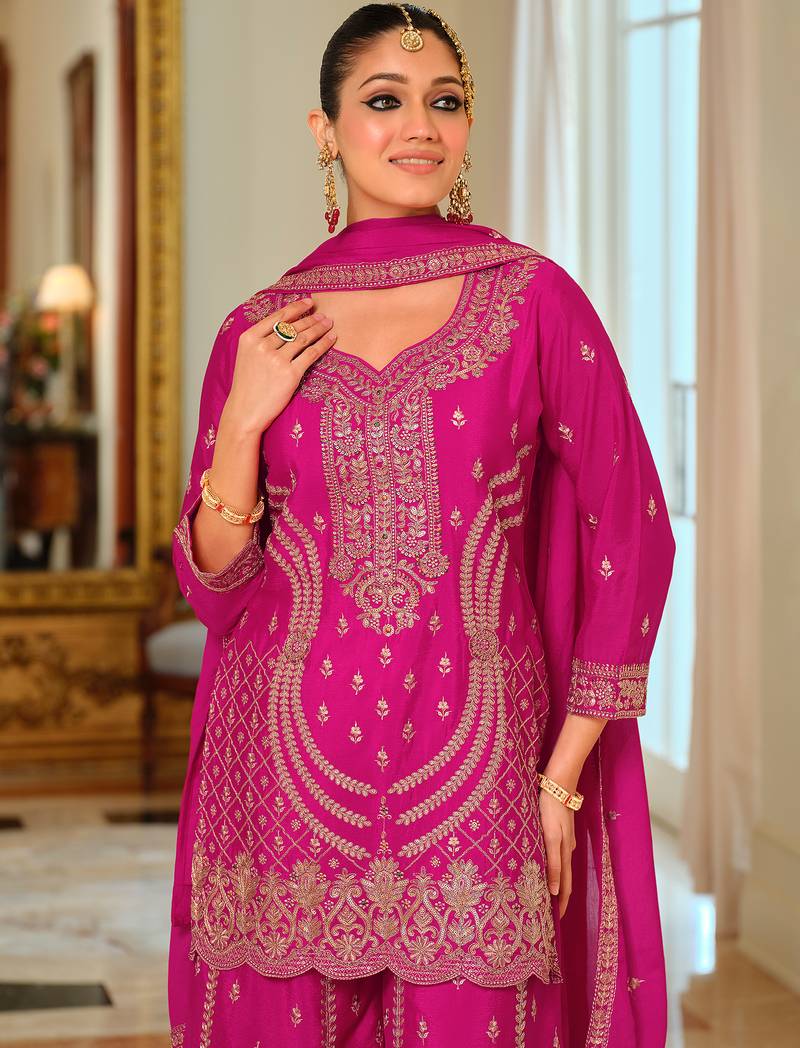 Pink embroidered chinon kurta trouser dupatta set