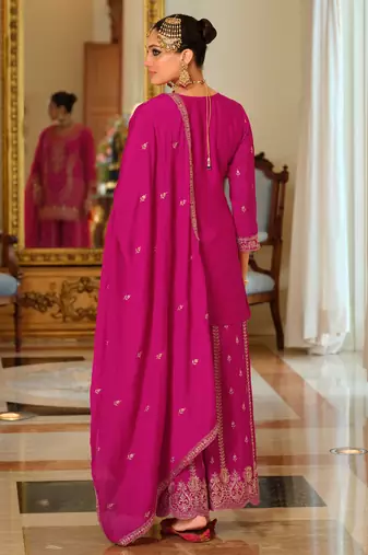 Pink embroidered chinon kurta trouser dupatta set