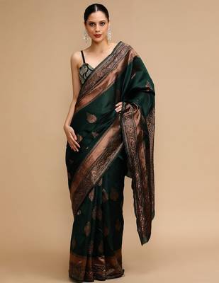 Green woven design banarasi saree with unstitched blouse 2