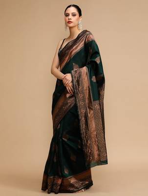 Green woven design banarasi saree with unstitched blouse 3