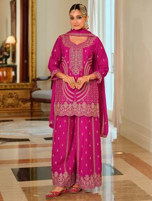 Pink embroidered chinon kurta trouser dupatta set 3