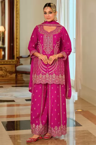 Pink embroidered chinon kurta trouser dupatta set