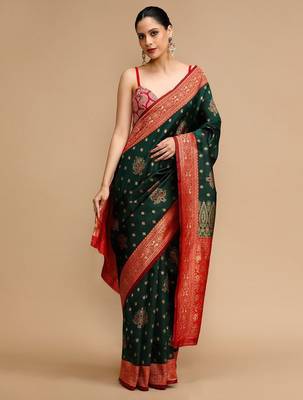 Green ethnic motifs banarasi saree with unstitched blouse 1