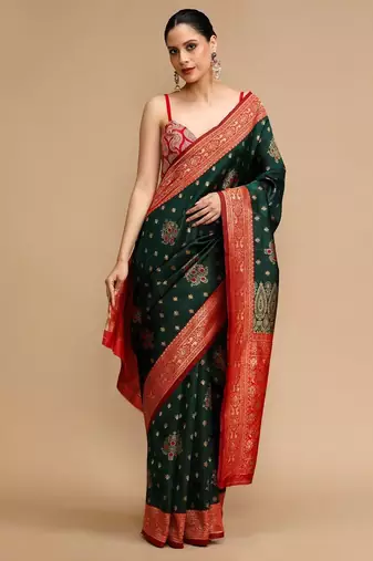 Green ethnic motifs banarasi saree with unstitched blouse
