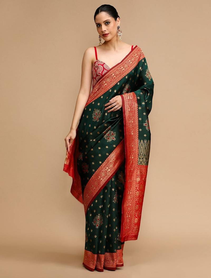 Green ethnic motifs banarasi saree with unstitched blouse