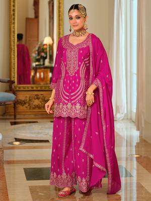Pink embroidered chinon kurta trouser dupatta set 4