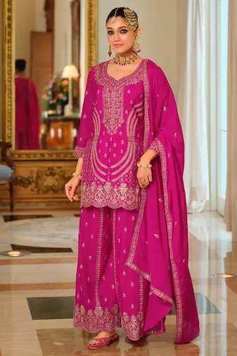 Pink embroidered chinon kurta trouser dupatta set