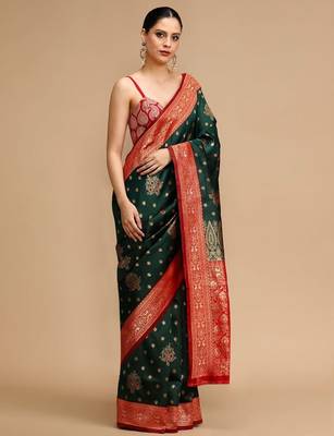 Green ethnic motifs banarasi saree with unstitched blouse 2
