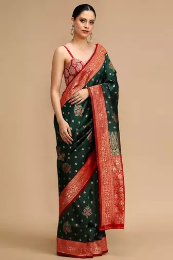 Green ethnic motifs banarasi saree with unstitched blouse