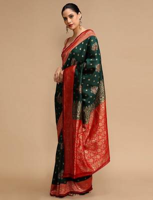 Green ethnic motifs banarasi saree with unstitched blouse 3