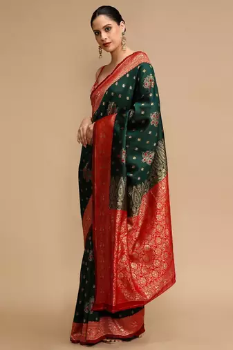 Green ethnic motifs banarasi saree with unstitched blouse
