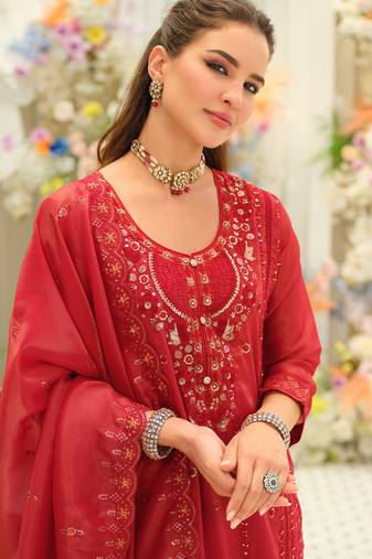 Red embroidered silk blend kurta trouser dupatta set