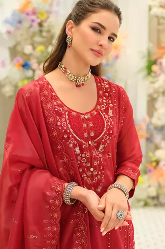 Red embroidered silk blend kurta trouser dupatta set