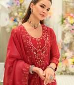 Red embroidered silk blend kurta trouser dupatta set