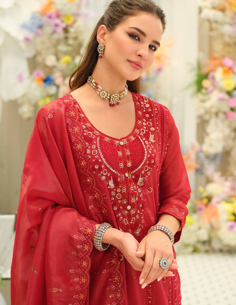 Red embroidered silk blend kurta trouser dupatta set