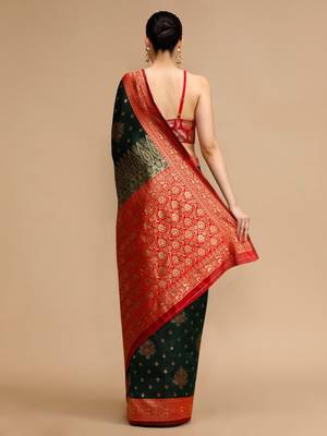 Green ethnic motifs banarasi saree with unstitched blouse 4