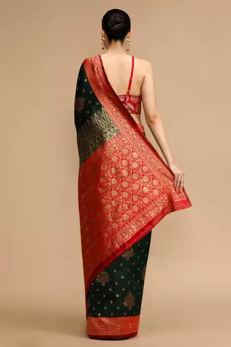 Green ethnic motifs banarasi saree with unstitched blouse