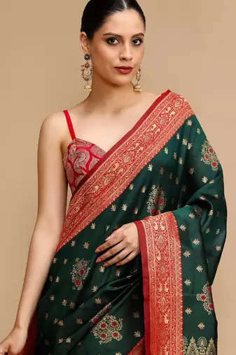Green ethnic motifs banarasi saree with unstitched blouse