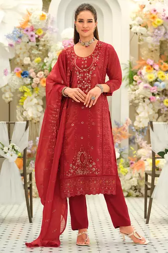 Red embroidered silk blend kurta trouser dupatta set