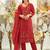 Red embroidered silk blend kurta trouser dupatta set