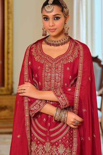 Red embroidered chinon kurta trouser dupatta set