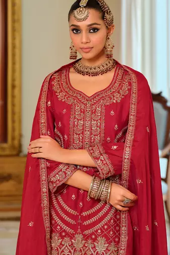 Red embroidered chinon kurta trouser dupatta set